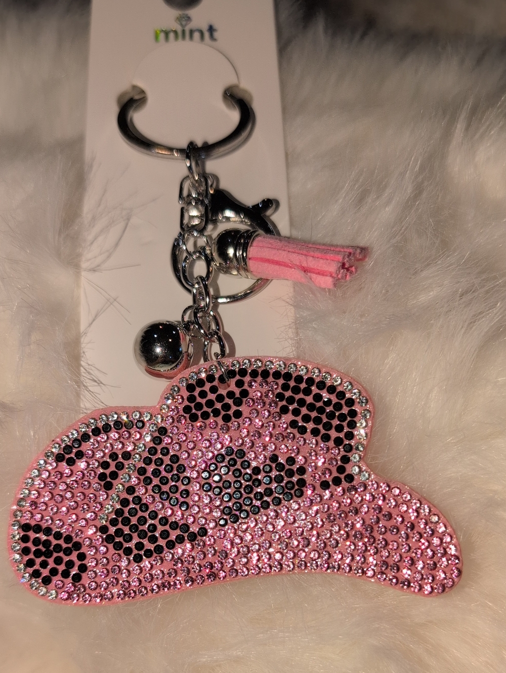 Mint Pink And Black Crystal Cowboy Hat Keychain Bag Charm with Tassel